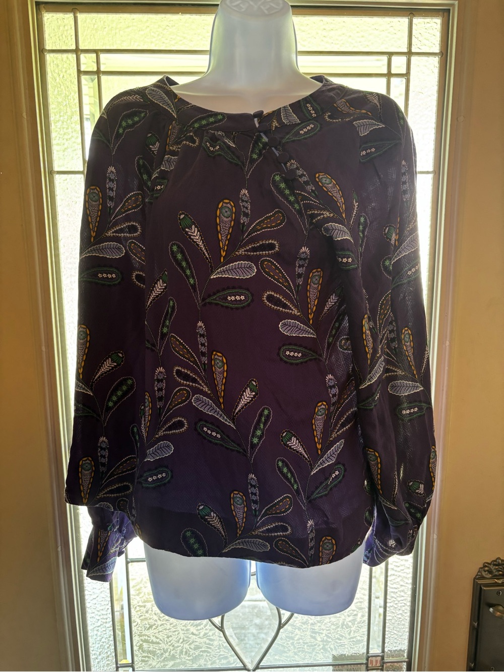 LOFT Purple Printed Long-Sleeve Blouse